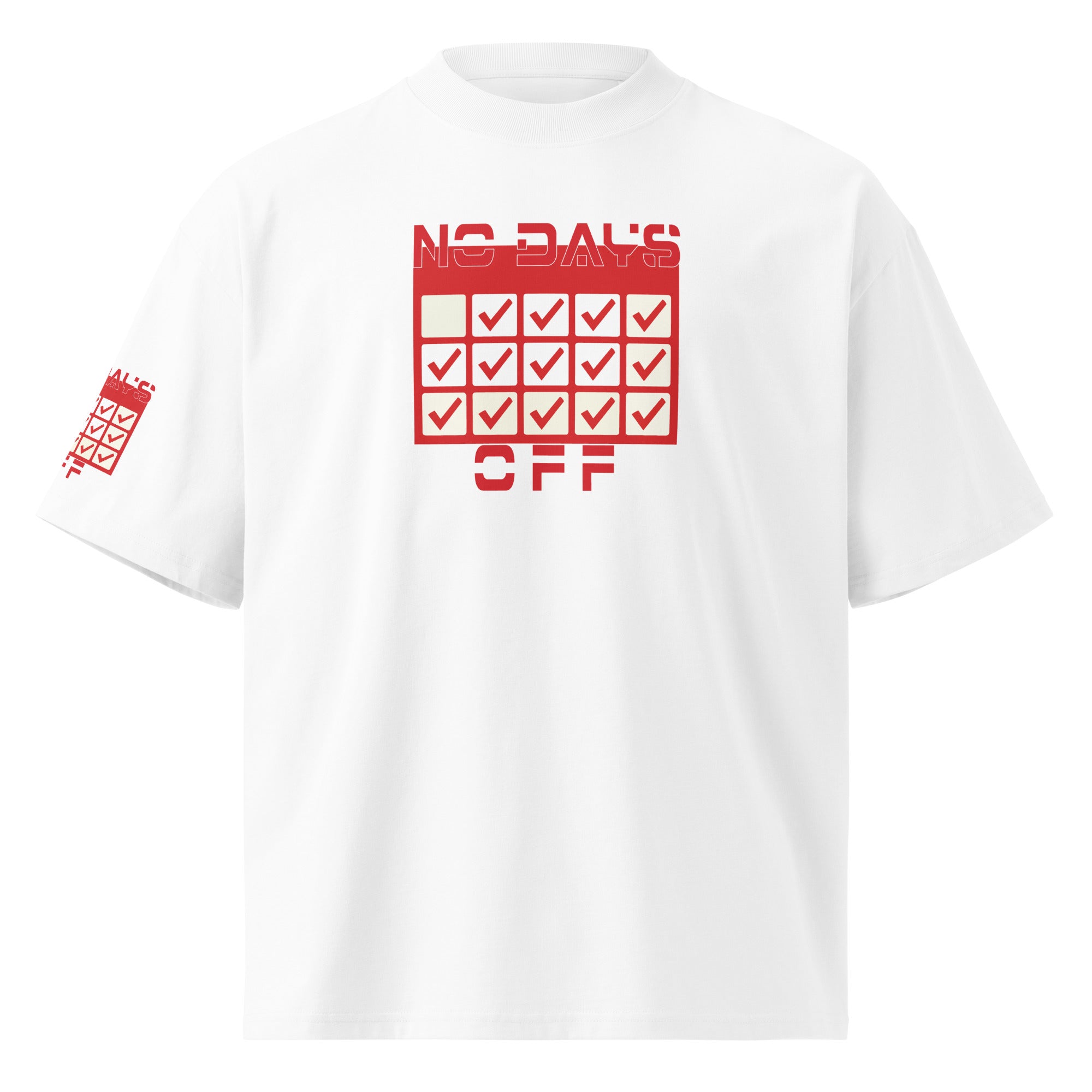 White t-shirt with red graphic design on a white background