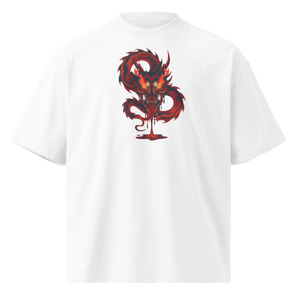 White t-shirt with a red dragon graphic on a white background