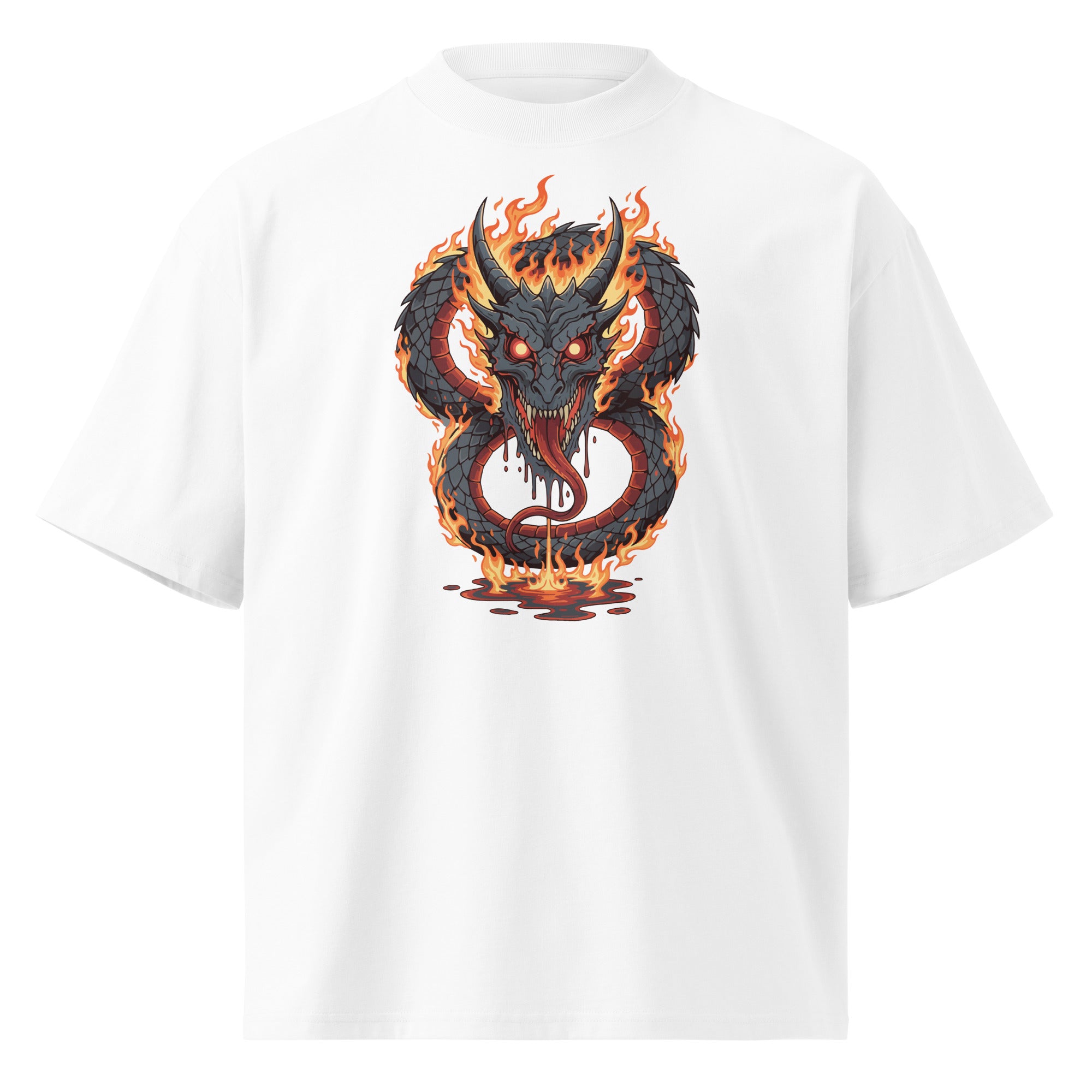 White t-shirt with a dragon graphic design on a white background