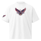 White t-shirt with a red, white, and blue eagle design on a white background