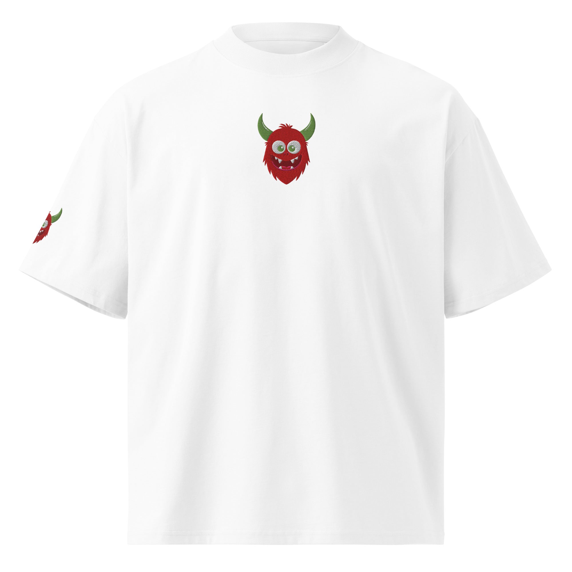 White t-shirt with red monster graphic on a white background