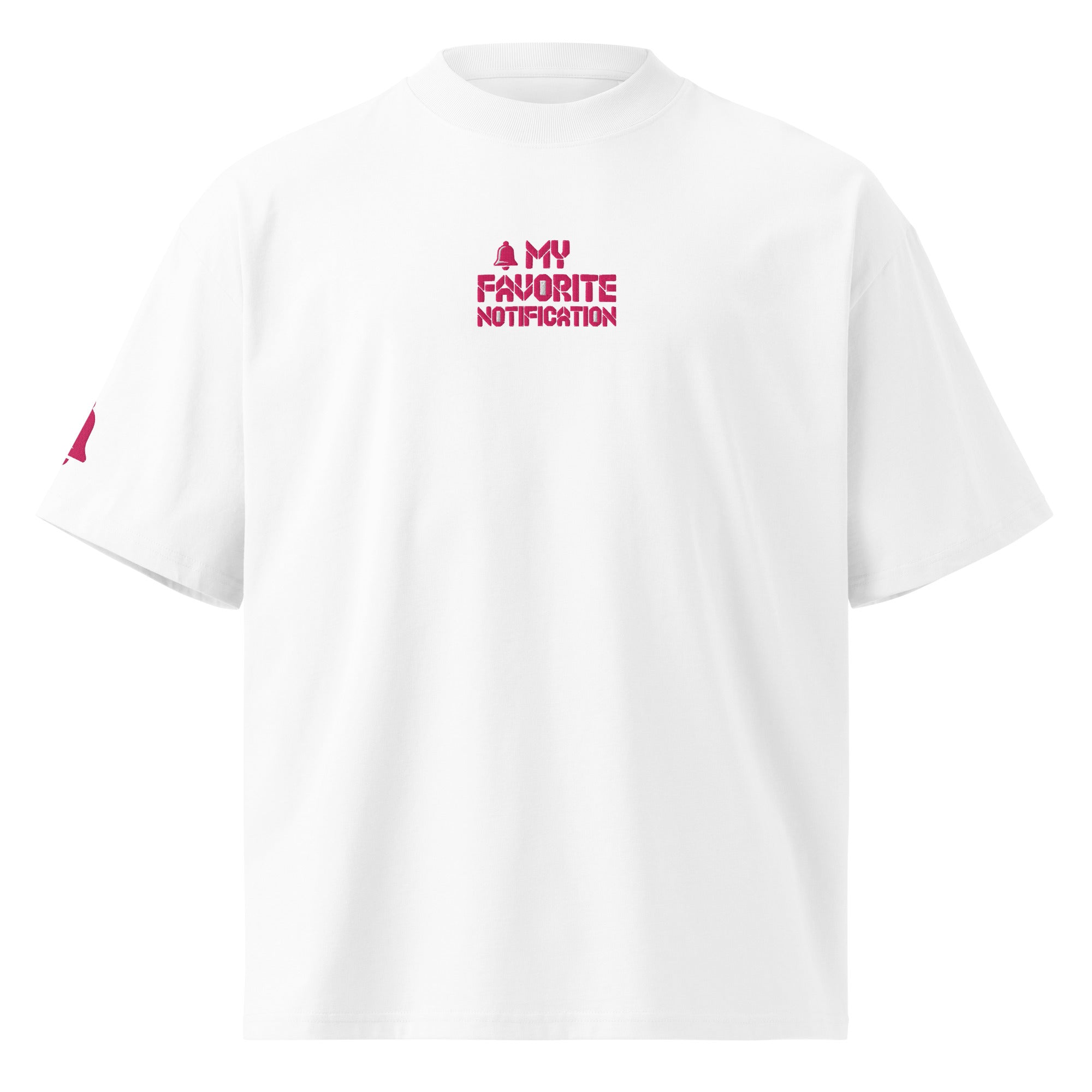 White t-shirt with pink text 'My Favorite Notification' on a white background