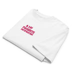 White t-shirt with red text 'My Favorite Notification' on a white background