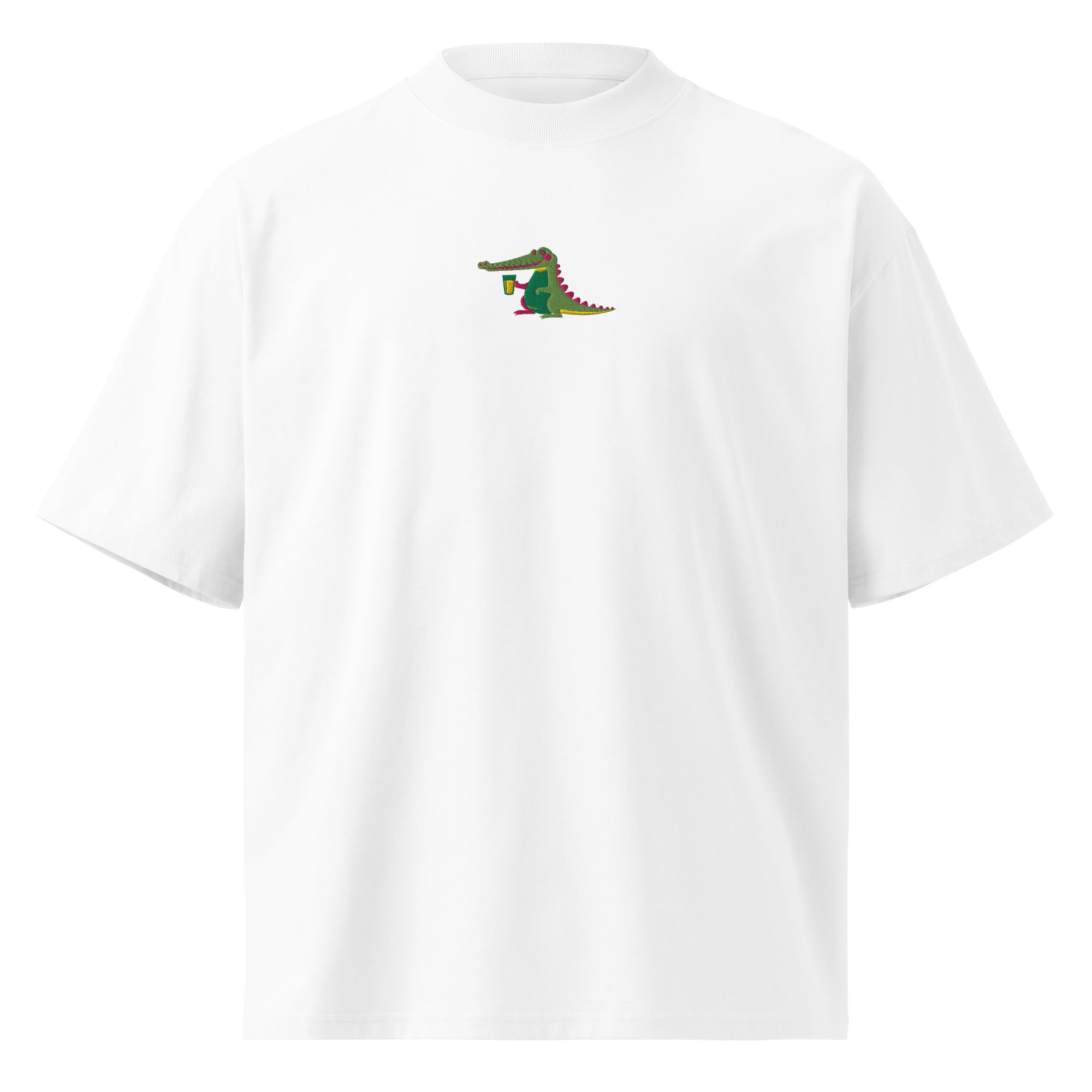 White t-shirt with a small colorful alligator graphic on a white background