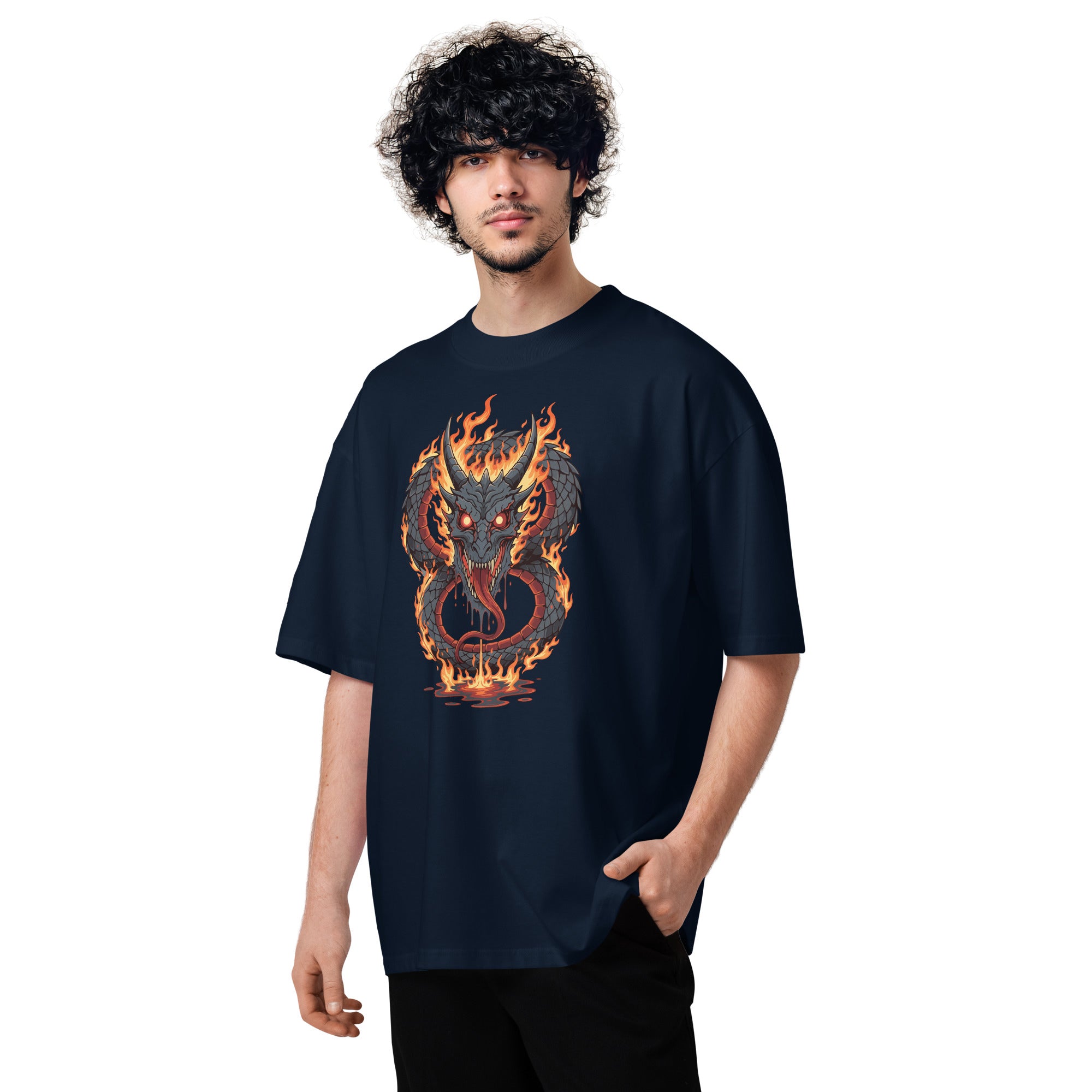 Person wearing a black t-shirt with a dragon design on a white background