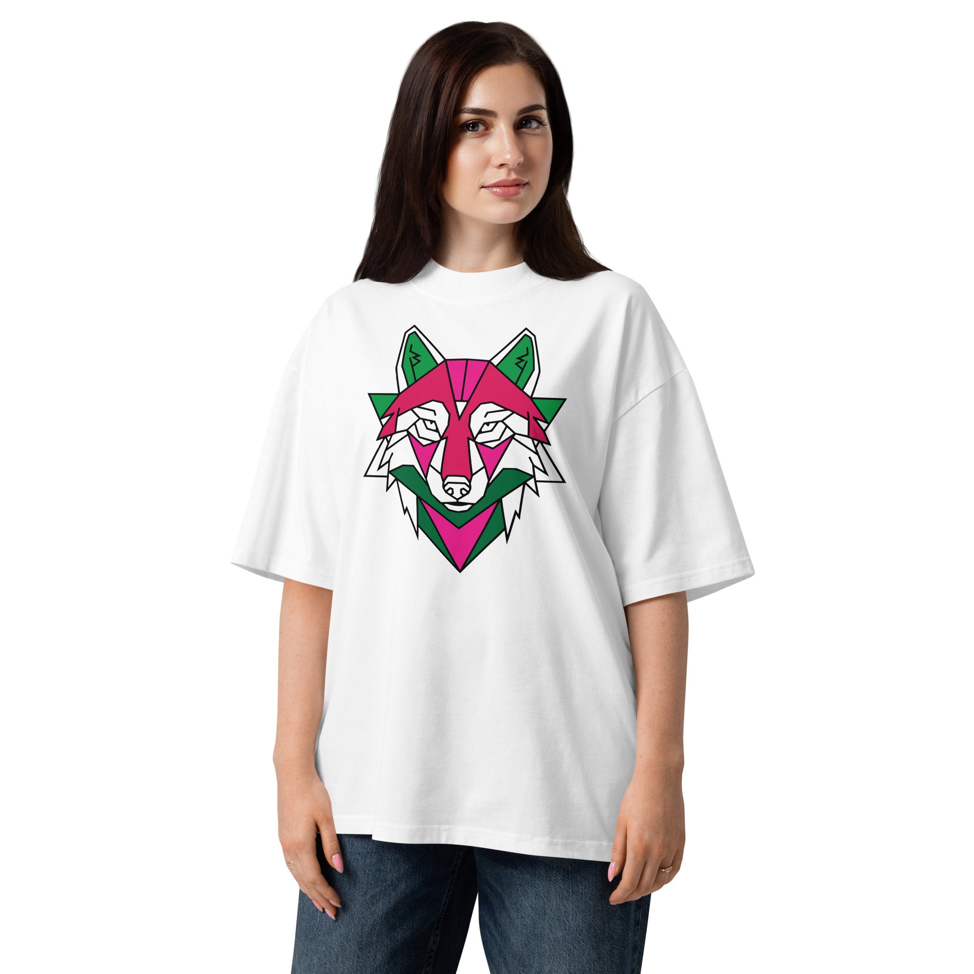 Woman wearing a white t-shirt with a colorful wolf graphic design on a white background