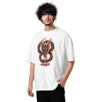 Person wearing a white t-shirt with a dragon design on a white background