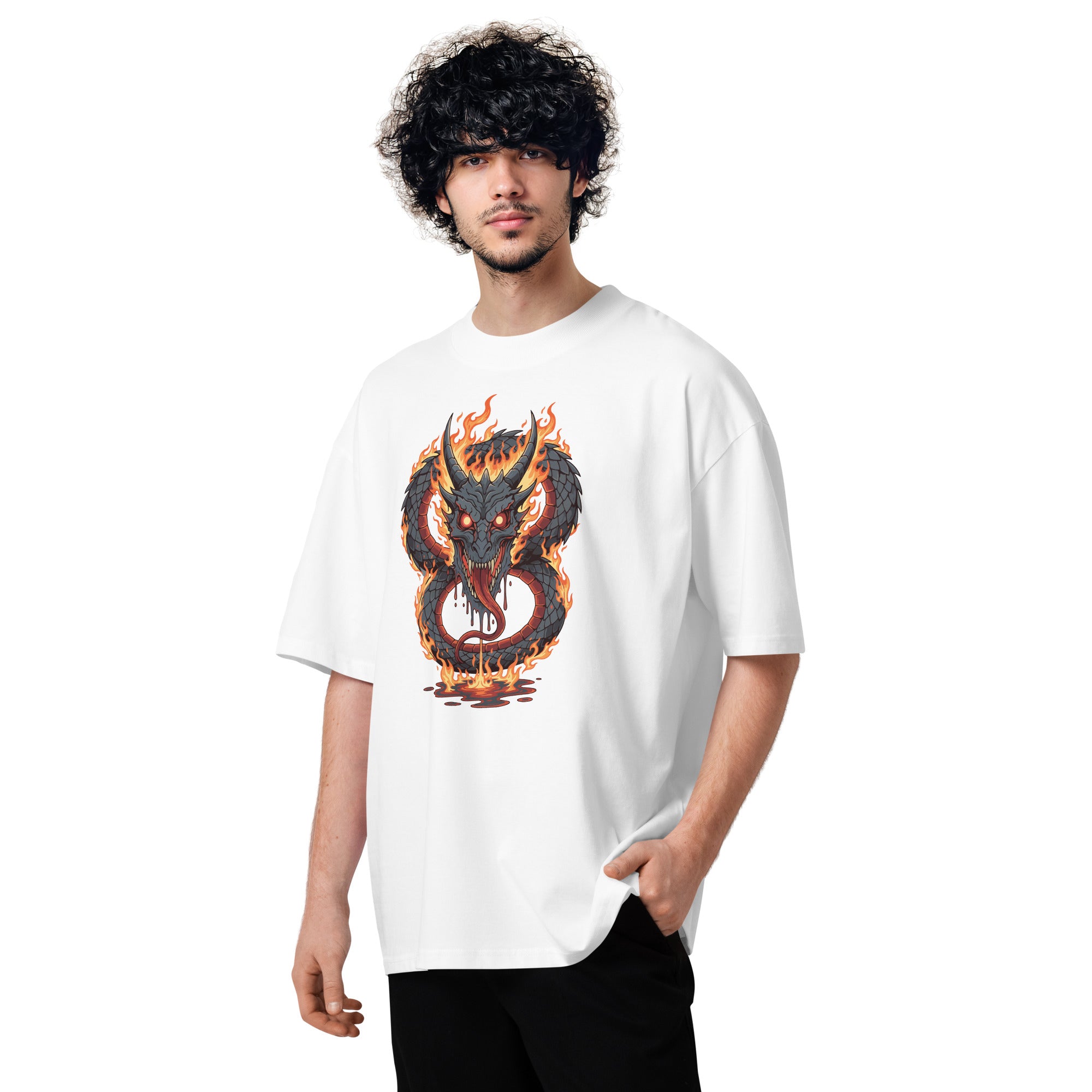 Person wearing a white t-shirt with a dragon design on a white background