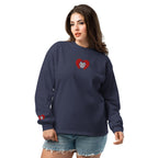 Woman wearing a navy blue long-sleeve shirt with a red heart design on a white background