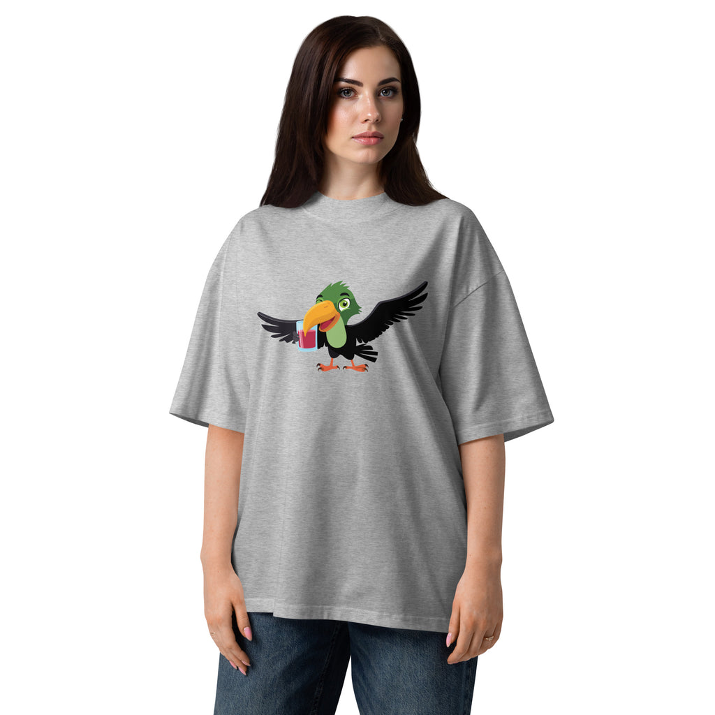 Woman wearing a gray t-shirt with a colorful parrot graphic on a white background
