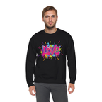 Person wearing a black sweatshirt with colorful 'LOVE' design on a white background