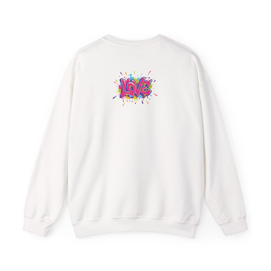 White sweatshirt with colorful 'LOVE' design on a white background