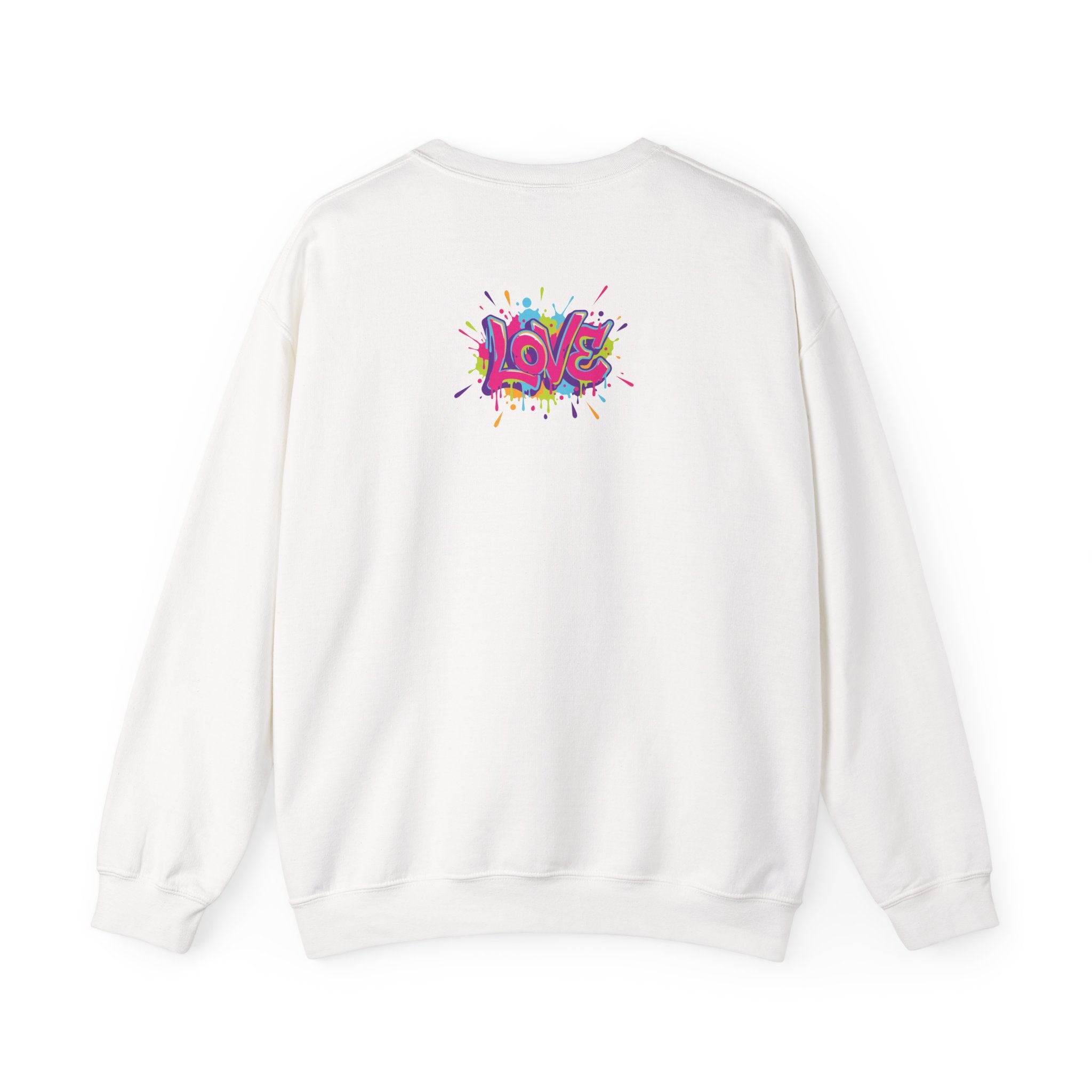 White sweatshirt with colorful 'LOVE' design on a white background