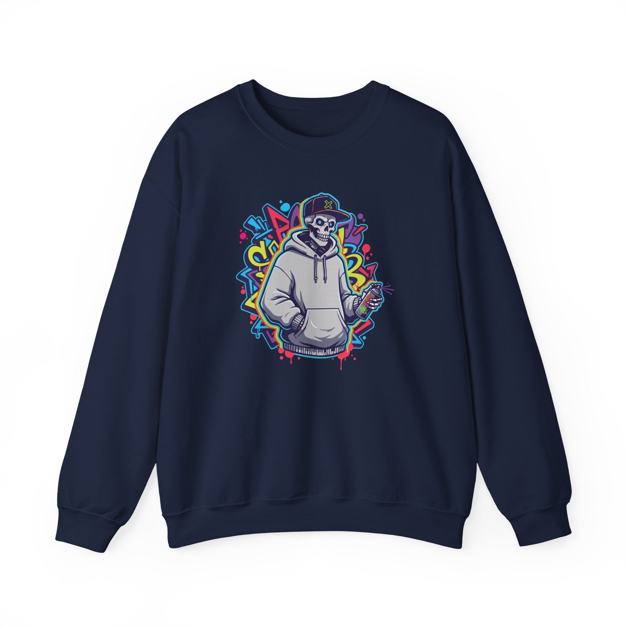 Navy blue sweatshirt with a colorful graphic design on a white background
