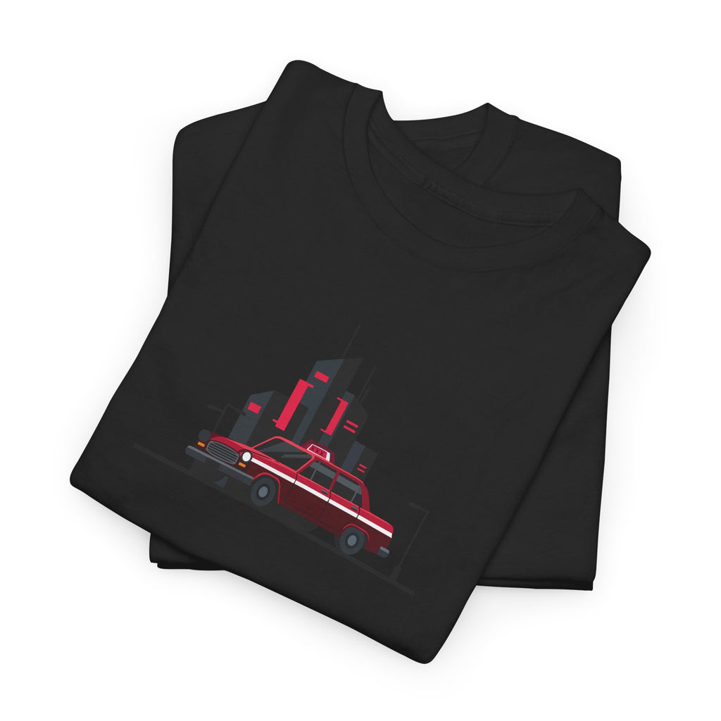Black t-shirt with red graphic design on a white background