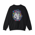 Black sweatshirt with colorful graphic design on the back featuring a skeleton wearing a hoodie.