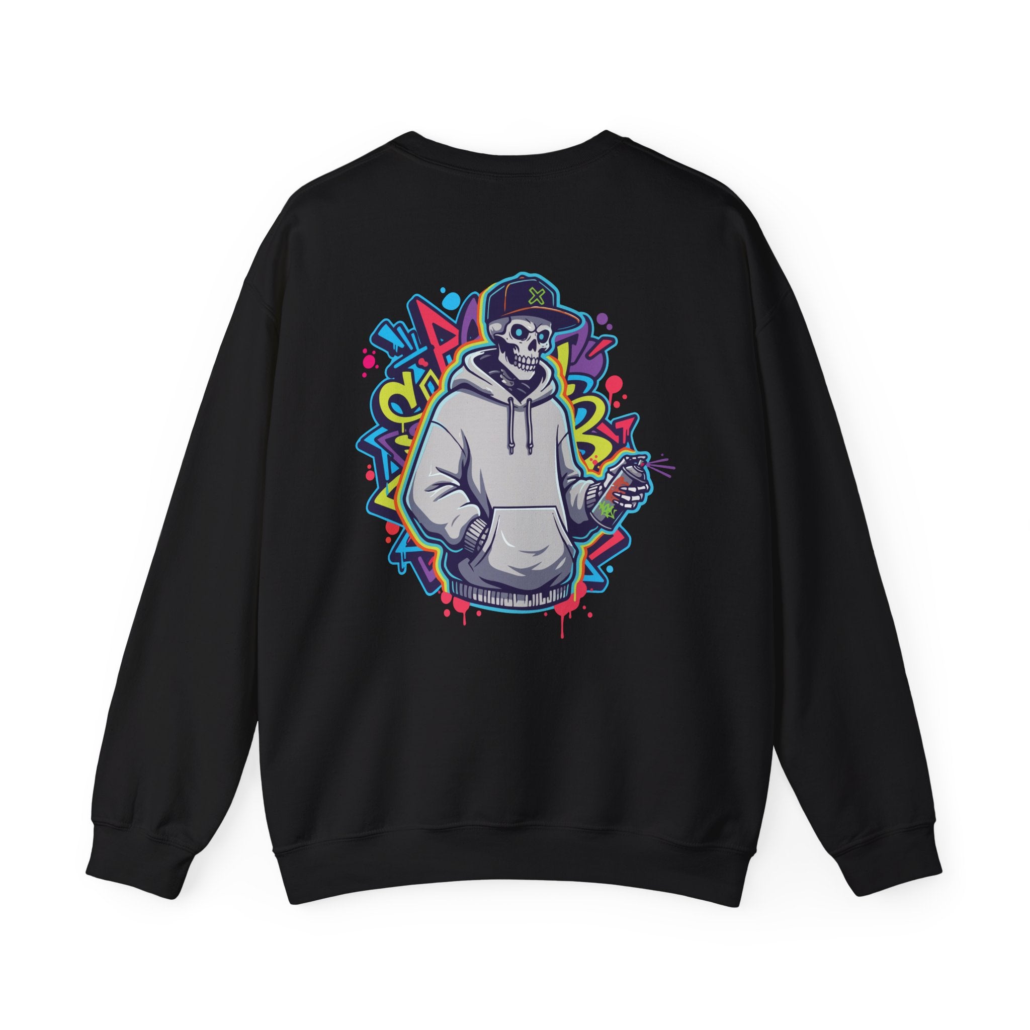 Black sweatshirt with colorful graphic design on the back featuring a skeleton wearing a hoodie.
