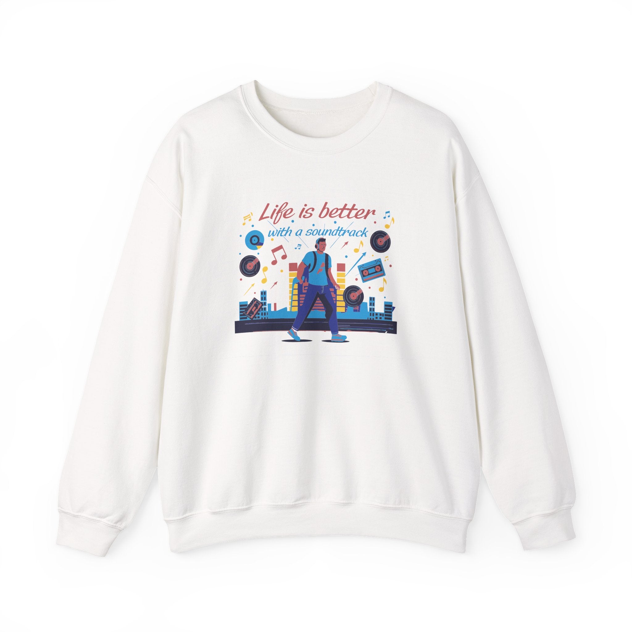 White sweatshirt with a colorful graphic and text 'Life is better with a soundtrack' on a white background