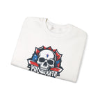 White sweatshirt with a skull design and text on a white background