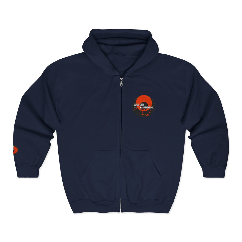 Navy blue hoodie with a logo on the chest against a white background