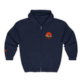 Navy blue hoodie with a logo on the chest against a white background
