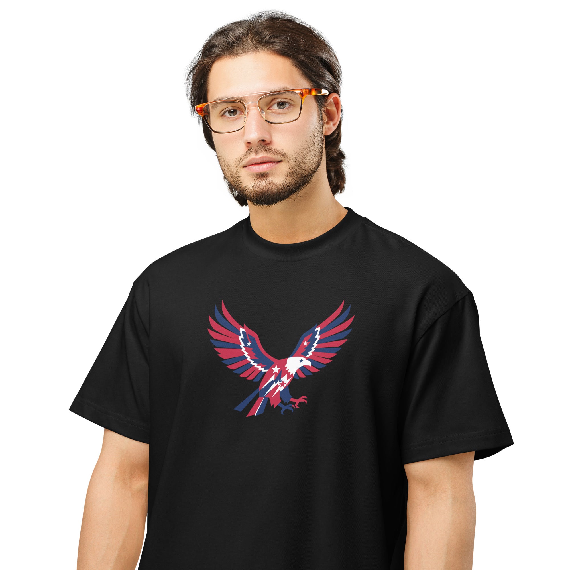 Man wearing a black t-shirt with a red and blue eagle design on a white background