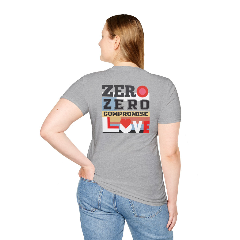 Person wearing a gray t-shirt with 'Zero Zero Compromise Love' design on the back.