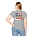 Person wearing a gray t-shirt with 'Zero Zero Compromise Love' design on the back.