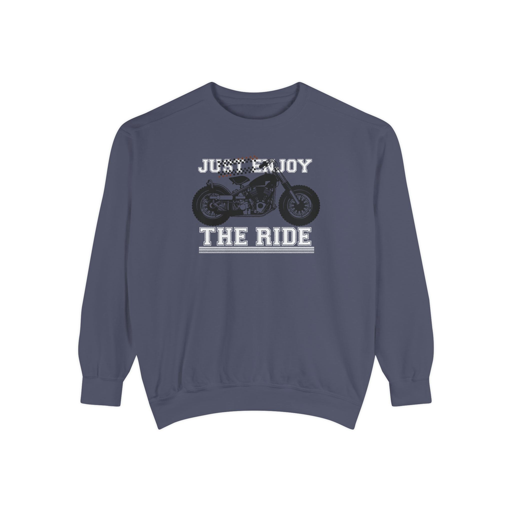 Navy blue sweatshirt with motorcycle graphic and text 'Just Enjoy The Ride' on a white background