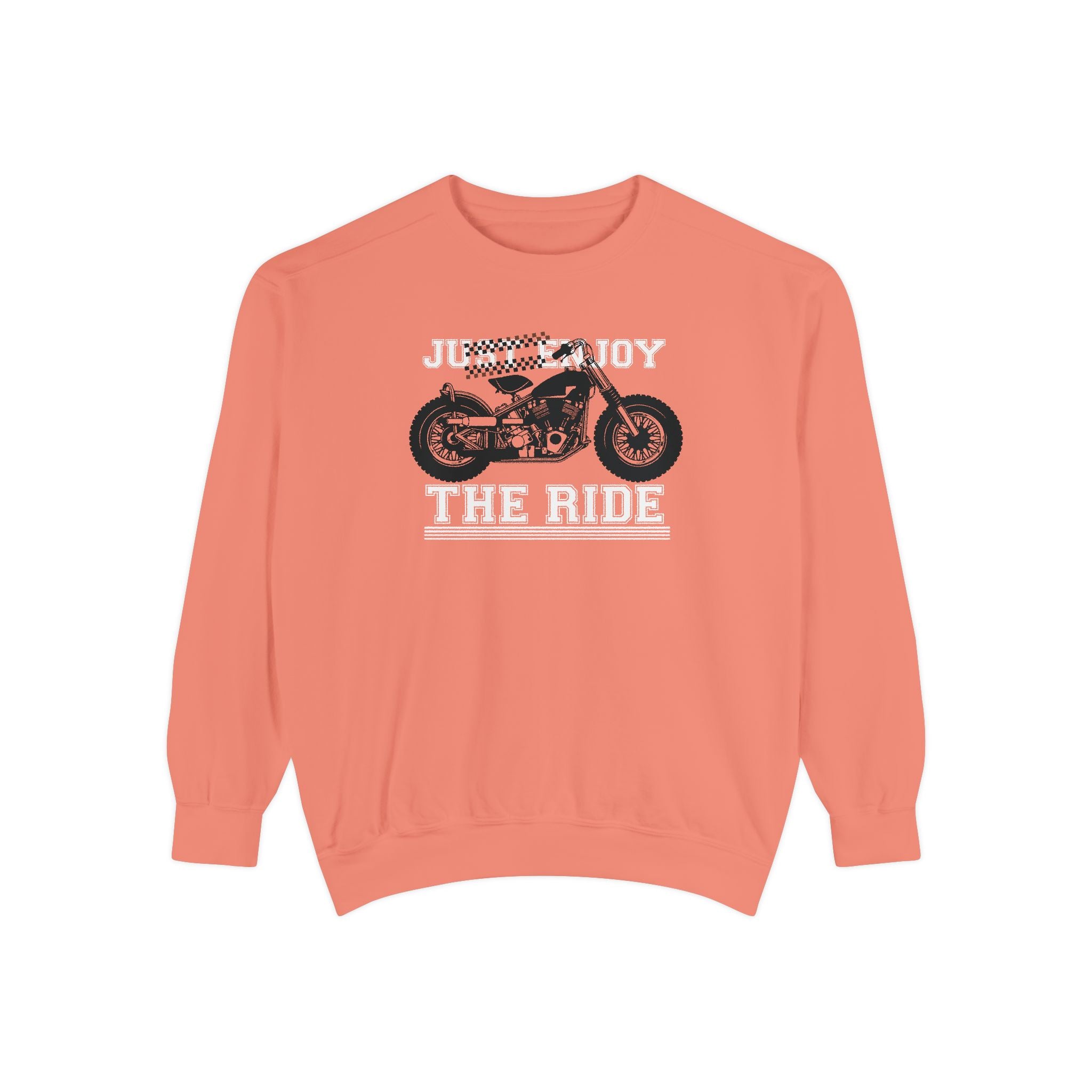 Coral sweatshirt with motorcycle graphic and text on a white background