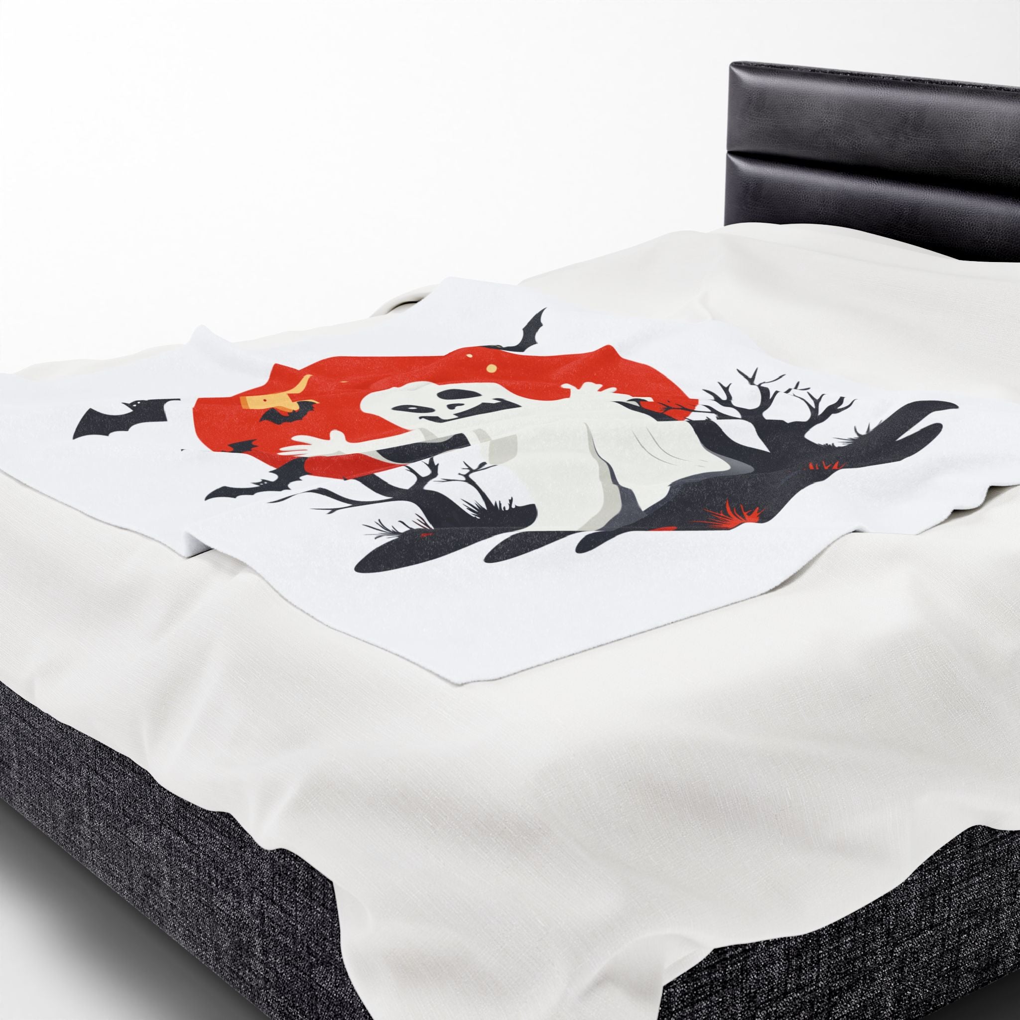 Halloween-themed decorative pillow on a bed with a white background