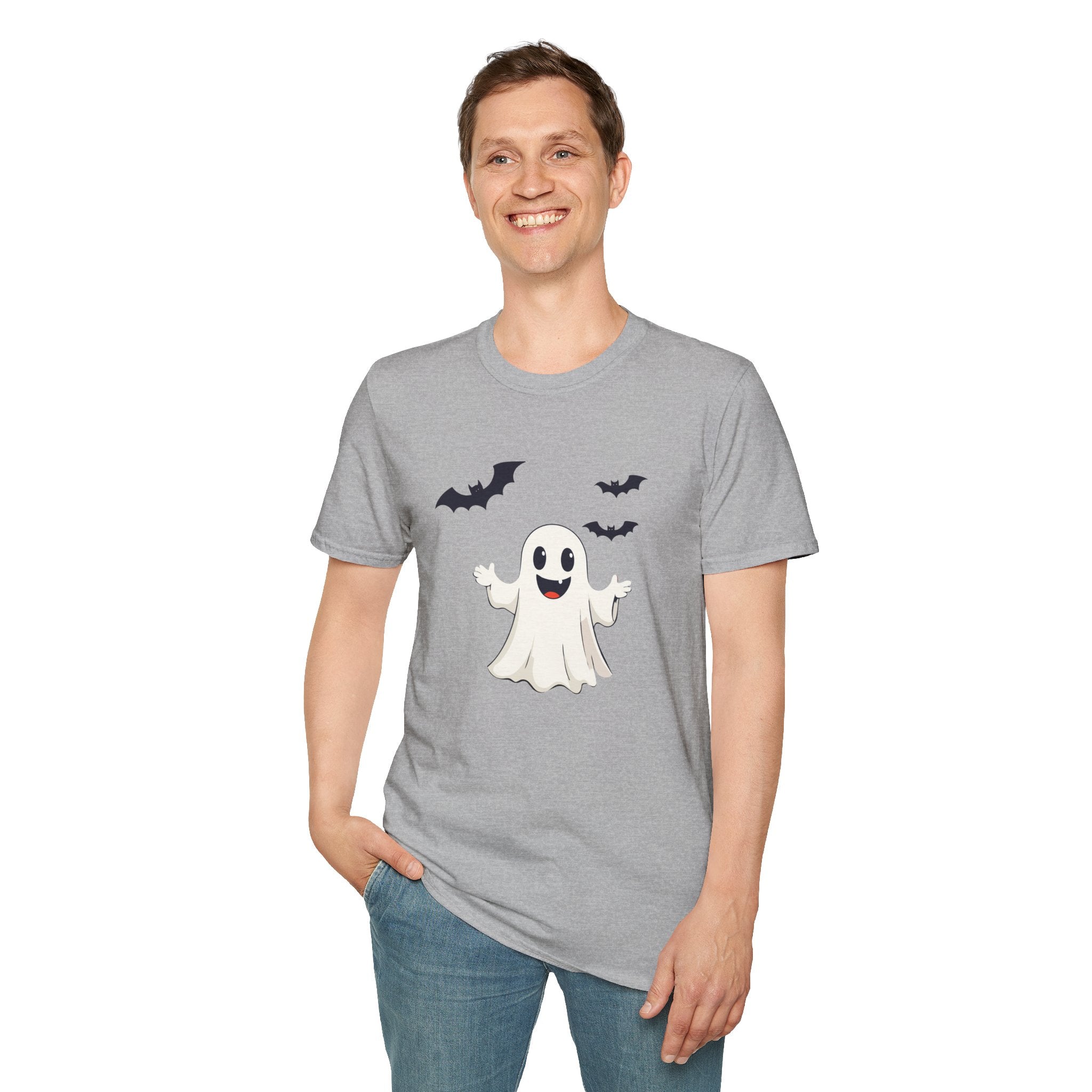 Person wearing a gray t-shirt with a ghost and bat design on a white background