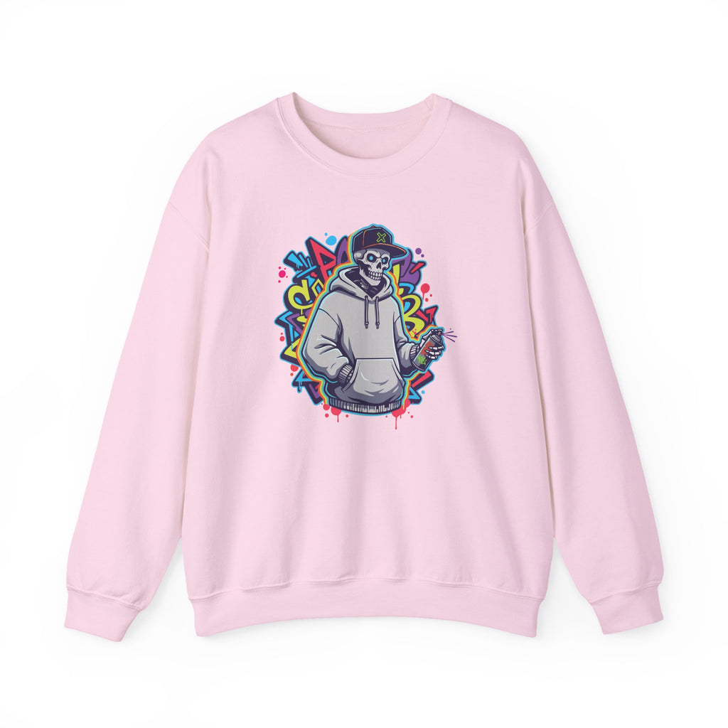 Pink sweatshirt with a colorful graphic of a person in a hoodie on a white background