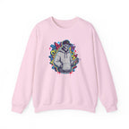 Pink sweatshirt with a colorful graphic of a person in a hoodie on a white background