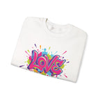White sweatshirt with colorful 'LOVE' graphic on a white background