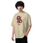 Man wearing a beige t-shirt with a red and black dragon design on a white background