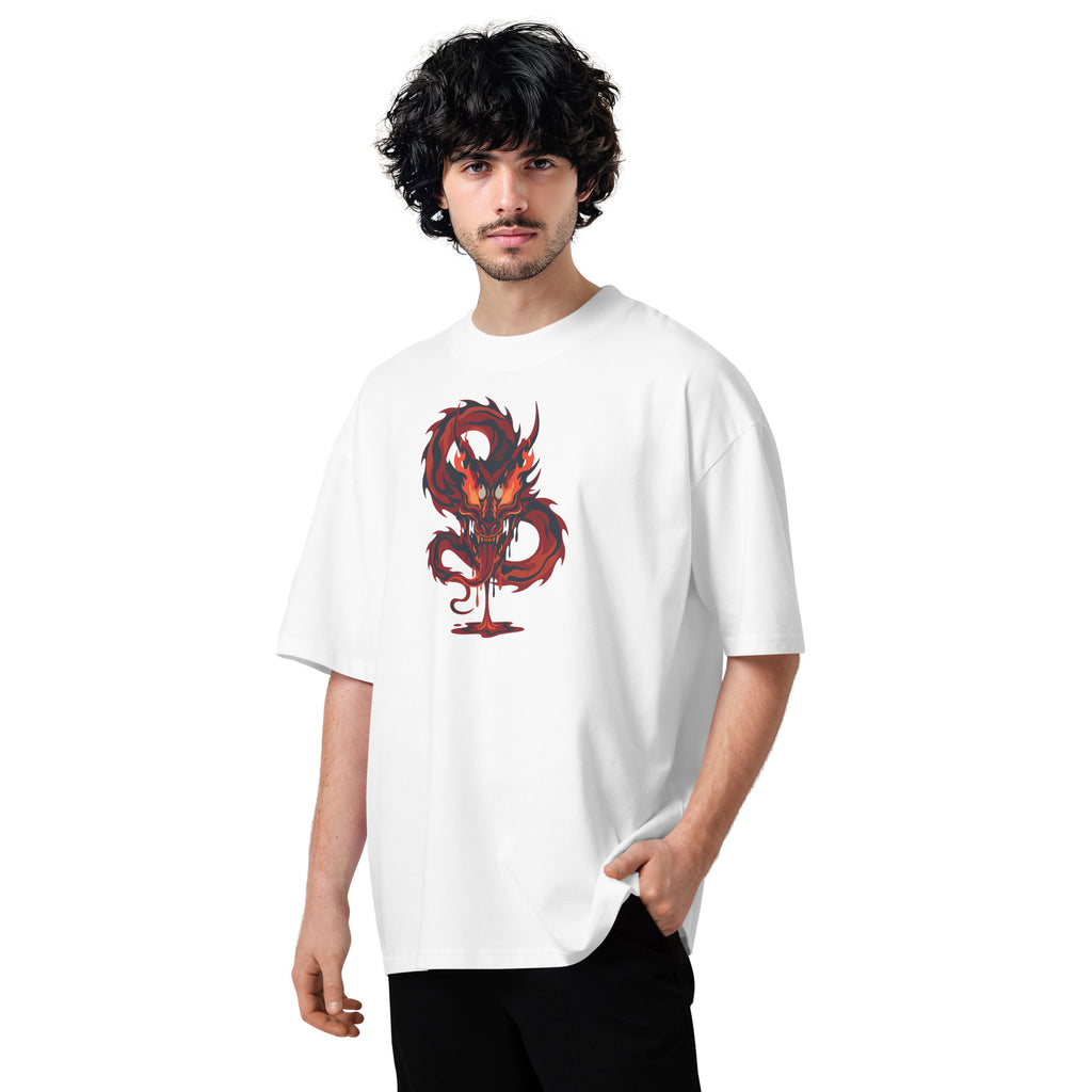 Man wearing a white t-shirt with a red dragon design on a white background