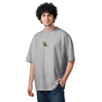 Man wearing a gray t-shirt with a small logo on a white background