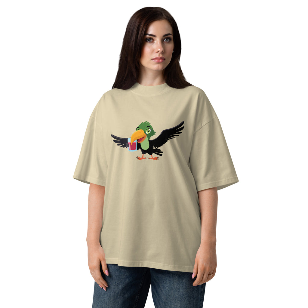 Woman wearing a beige t-shirt with a colorful parrot graphic on a white background