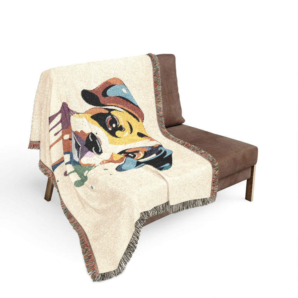 Decorative blanket with a colorful design draped over a brown chair on a white background