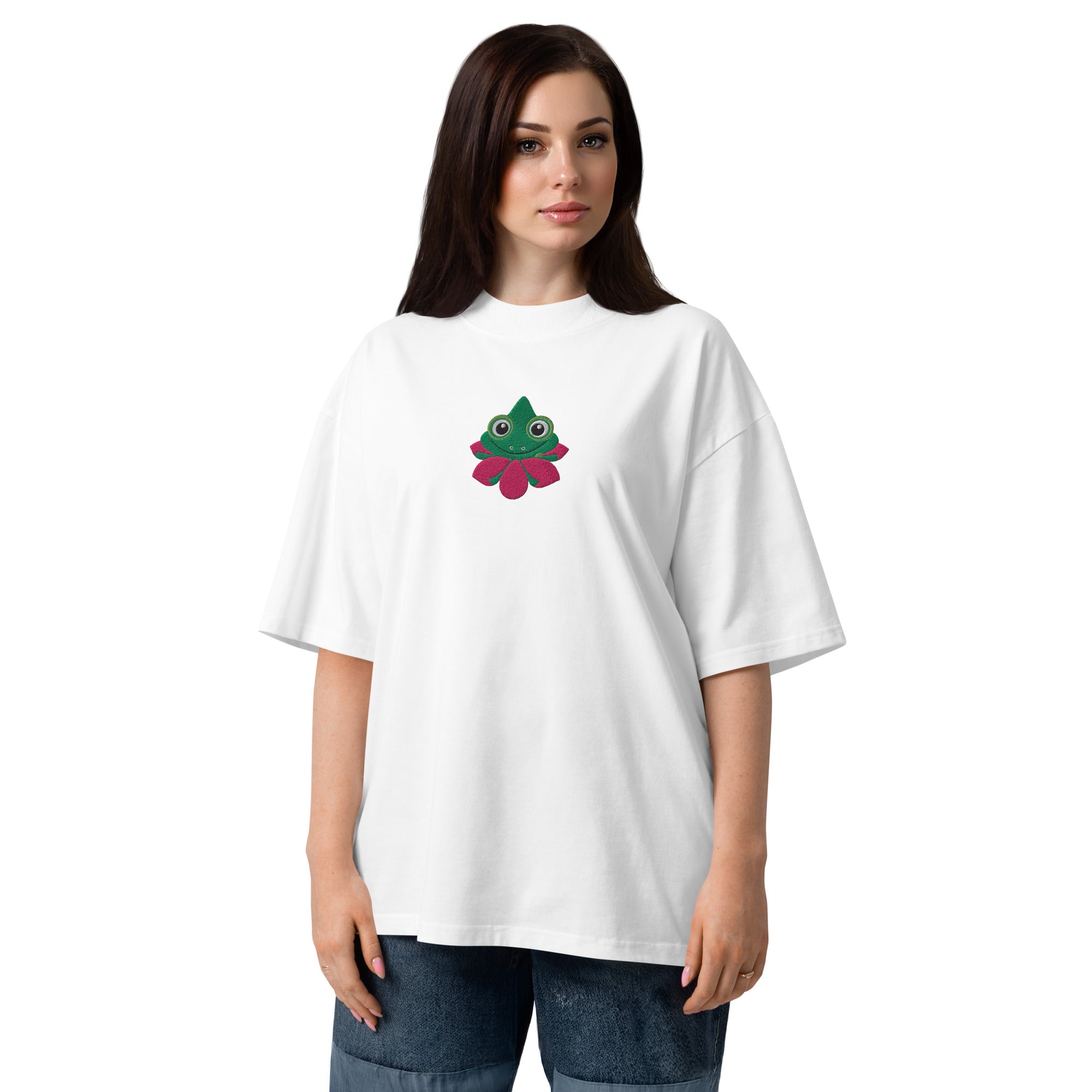 Funny Face Of Frog on Green Leaves Unisex Organic Oversized T-Shirt