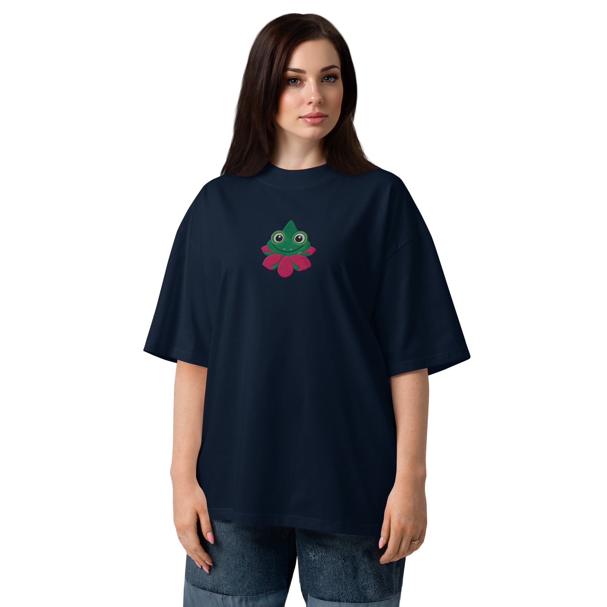Funny Face Of Frog on Green Leaves Unisex Organic Oversized T-Shirt