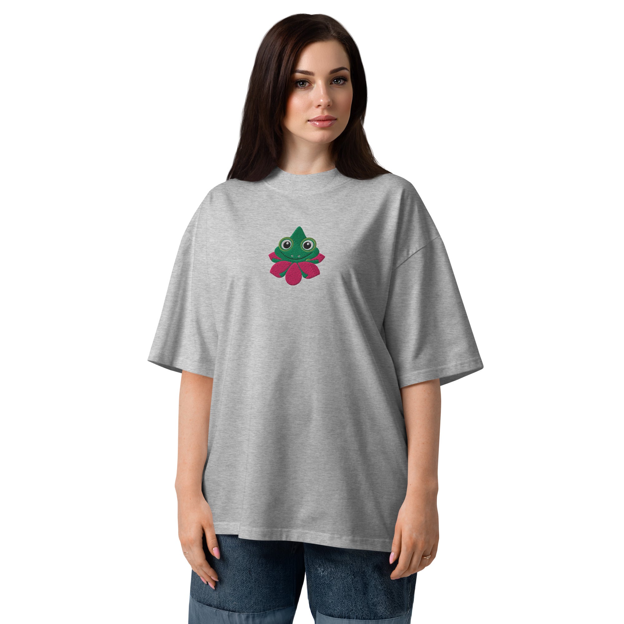 Funny Face Of Frog on Green Leaves Unisex Organic Oversized T-Shirt