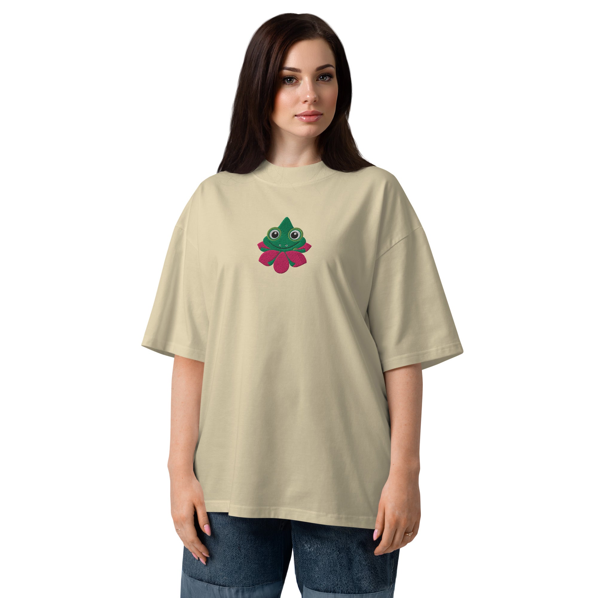Funny Face Of Frog on Green Leaves Unisex Organic Oversized T-Shirt